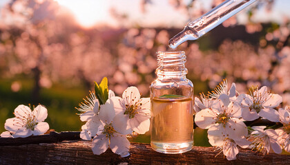 Transparent glass bottle with glass pipette, drop of Bach flower essence cherry plum, in the background the field with cherry trees and the sunrise, nature, therapy flower