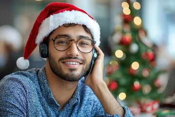 Smiling Man Wearing Santa Hat and Headphones Near a Christmas Tree