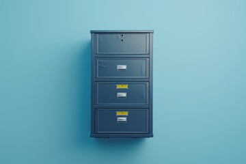 Wall-mounted blue filing cabinet with four drawers set against a light blue background