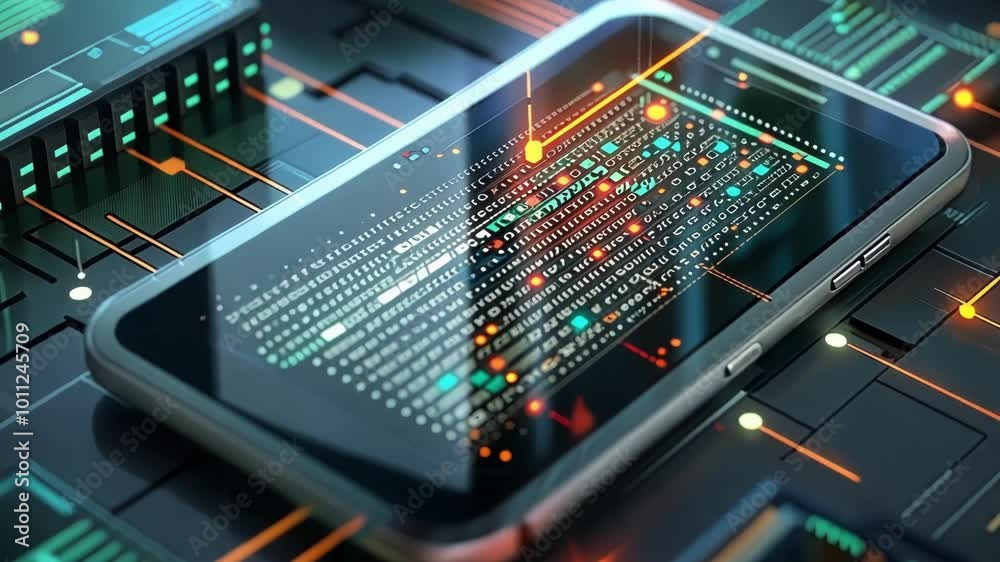 Poster smartphone is displaying lines of code while resting on a circuit board with data flowing between co