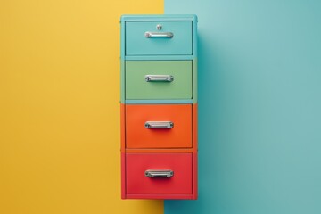 Colorful four-drawer storage cabinet against vibrant yellow and teal wall