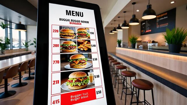 Digital Menu Board Displaying Burger Options in Modern Fast Food Restaurant

