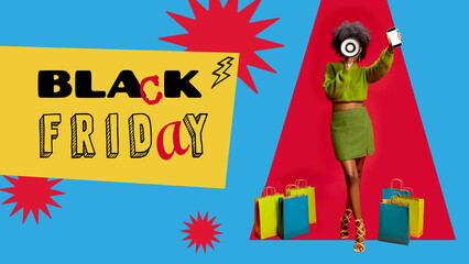 Poster. Contemporary art collage. Woman holding phone and megaphone, ready to announce deals. Bright and dynamic design. Concept of Black Friday, sales season, cyber Monday, promotion, discount. Ad