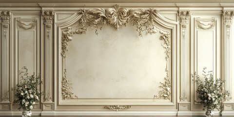 Obraz premium Elegant luxury wall with ornate decorations and subtle floral arrangements, perfect for upscale interior design.