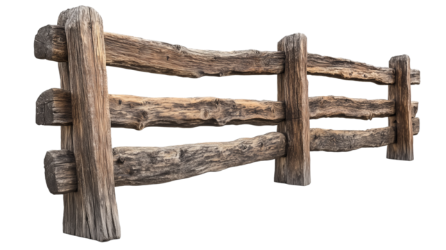 Rustic wooden split rail fence isolated on transparent background, , clipping paths for design and decoration