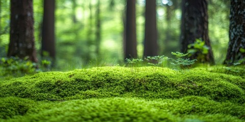 Lush green moss covering the forest floor, surrounded by tall trees and soft sunlight, creating a serene and peaceful atmosphere.