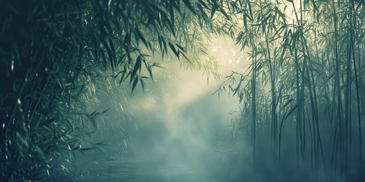 Misty bamboo forest with soft light filtering through the leaves, creating a serene and tranquil atmosphere.