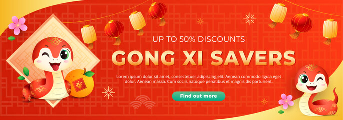 Chinese New Year 2025 sale banner with 2 cute snake zodiac and chinese lantern in red background. Holiday web banner vector illustration. (Translation: prosperity word)