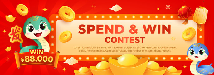 Chinese New Year 2025 spend and win contest banner with cute snake zodiac, chinese lanterns and gold ingots. Holiday web banner vector illustration. (Translation: fortune word)