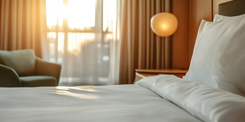 Serene hotel room with soft sunlight, inviting bed, and cozy chair, perfect for relaxation and comfort.