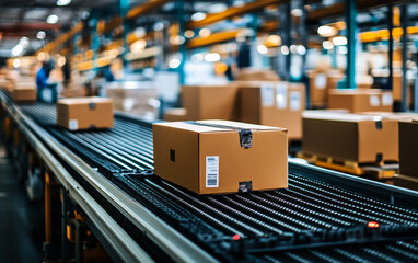 Seamless Flow of E-Commerce Packages on Automated Conveyor in a Fulfillment Hub. Generative AI