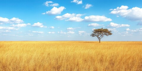 Fototapeta premium Serene landscape featuring a solitary tree in a golden field under a bright blue sky with fluffy clouds.