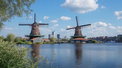 Obraz premium Rotterdam's Kralingen Lake boasts historic windmills.
