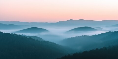 Serene mountain landscape at dawn, featuring rolling hills enveloped in soft fog and a pastel sky illuminating the horizon.