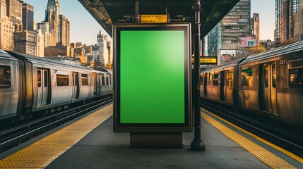 A vertical green billboard model . The billboard is blank, standing out with an eye-catching and unique design. The setting should depict a busy urban environment.