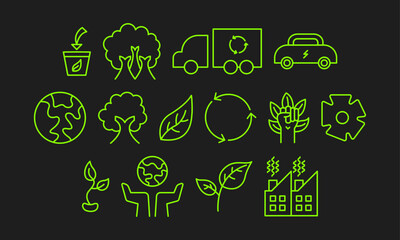 Go green icon set. Trees, dump truck, recycle, electric car, earth, pollution, and leaf icons collection. Environmental simple signs.