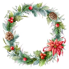 Watercolor Christmas werath with red poinsettia flower, pine cones, red berries, mistletoe leaves.