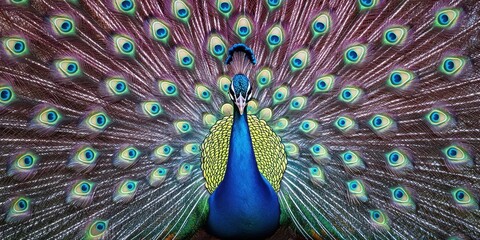Obraz premium Stunning peacock displaying its vibrant plumage, showcasing a magnificent array of shimmering blue and green feathers.