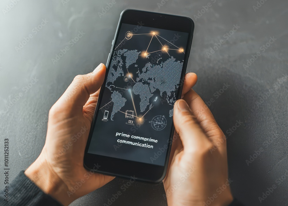 Poster hands holding a smartphone displaying a world map with glowing network connections, symbolizing glob