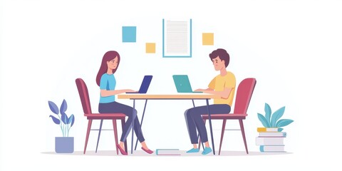 Two individuals collaborate at a table, working on laptops in a bright, modern workspace with plants.