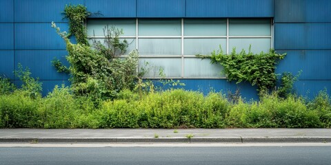 Urban greenery contrasts with a blue wall, showcasing nature's resilience against modern architecture.