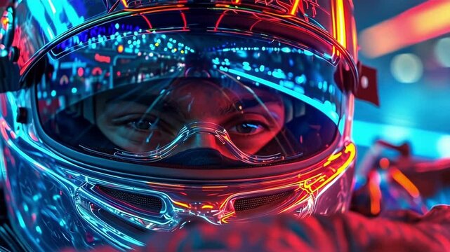 Racer with a futuristic helmet is sitting in his racing car, illuminated by the neon city lights reflecting in his visor