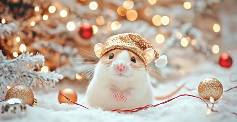Obraz premium A cute domestic rat/ hamster/mouse in a christmas hat, sitting on the ground, against an Christmas tree