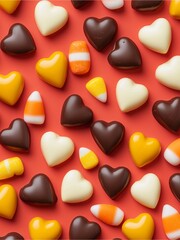 Obraz premium A colorful array of heart-shaped and candy corn sweets set against a vibrant red background, perfect for festive occasions.