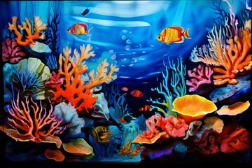 reverse glass painting of underwater coral reefs in vibrant colo