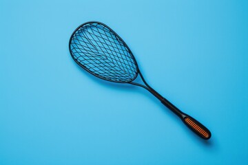 A squash racket lying on a vibrant blue background with a focus on its intricate design and shape