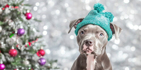 A cute happy smiling fluffly pitbull in a christmas hat, sitting on the ground, against a wall with decor 