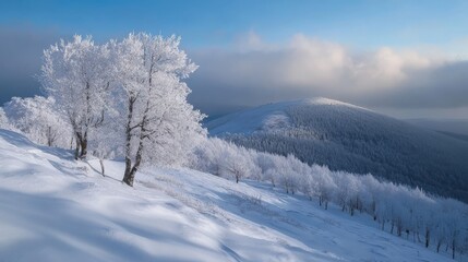 Fototapeta premium Snowy mountain landscape with trees and slopes (Carpathians, Ukraine)