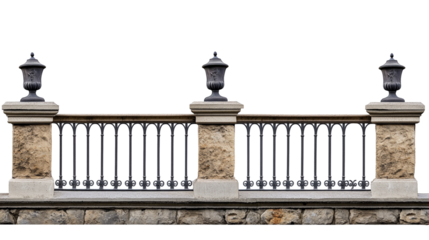 Stone pillar fence with wrought iron accents isolated on transparent background, , clipping paths for design and decoration