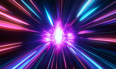 Abstract flight in retro neon hyper warp space in the tunnel 3d illustration