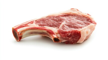 A raw lamb chop with bone, presented on a clean white background, highlighting its premium cut and suitability for gourmet dishes.