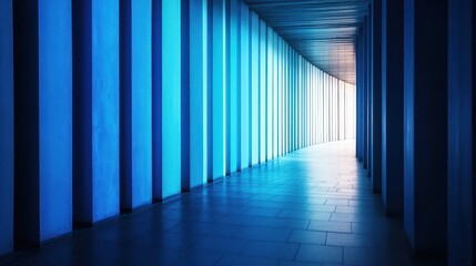 A long, narrow corridor with blue and white light illuminating the walls and floor, leading to a bright, white light at the end.