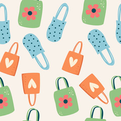 Seamless pattern eco cute colorful bag