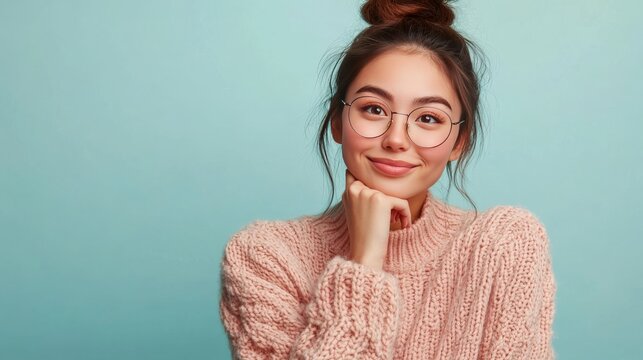 Asian girl in sweater imagines pleasantly.