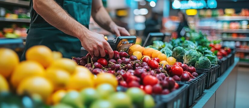 A worker in a grocery store arranging fresh produce for display.