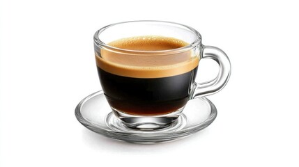 Fototapeta premium A single shot of rich espresso in a small glass cup, isolated on a bright white background, with a layer of crema on top, perfect for coffee-related themes.