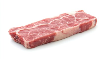 Fototapeta premium A single slab of raw pork, neatly trimmed and resting on a bright white background, ideal for butchery and cooking concepts.