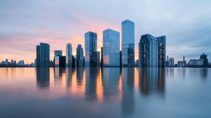 Naklejka premium City skyline at sunset with floodwaters reflecting on glass skyscrapers, symbolizing the future of urban areas affected by rising sea levels