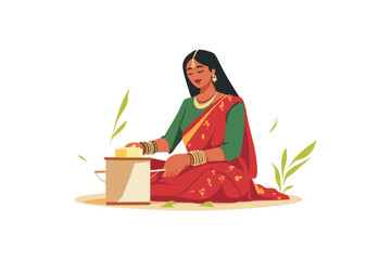  Illustration of a woman in traditional attire churning butter, rural Indian lifestyle