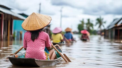 Fototapeta premium Climate refugees fleeing their flooded homes, representing displacement caused by rising sea levels