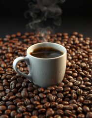Fototapeta premium Hot Coffee Cup on Coffee Beans