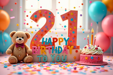 21st birthday card. Festive birthday celebration with a large 21 sign, balloons, a teddy bear, and a cake on a pink table.