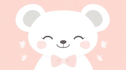 A smiling cartoon bear wearing a bowtie, set against a pastel peach background, creating a friendly and charming character illustration.