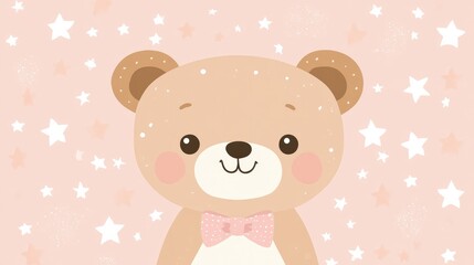 A smiling cartoon bear wearing a bowtie, set against a pastel peach background, creating a friendly and charming character illustration.