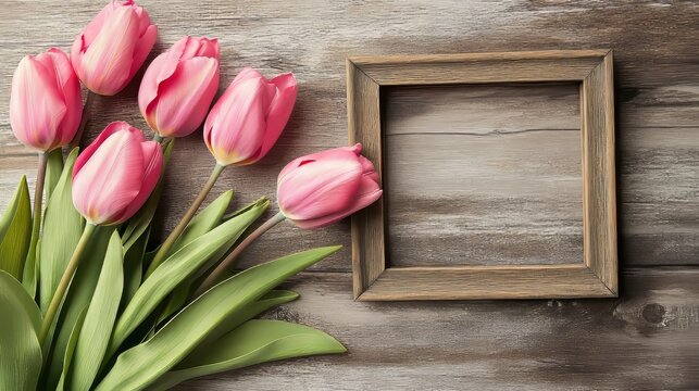 Pink tulips and frame on wood