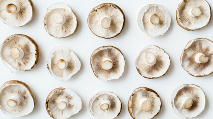 A top-down view of sliced mushrooms arranged in a pattern on a white background, showcasing their clean, fresh appearance.